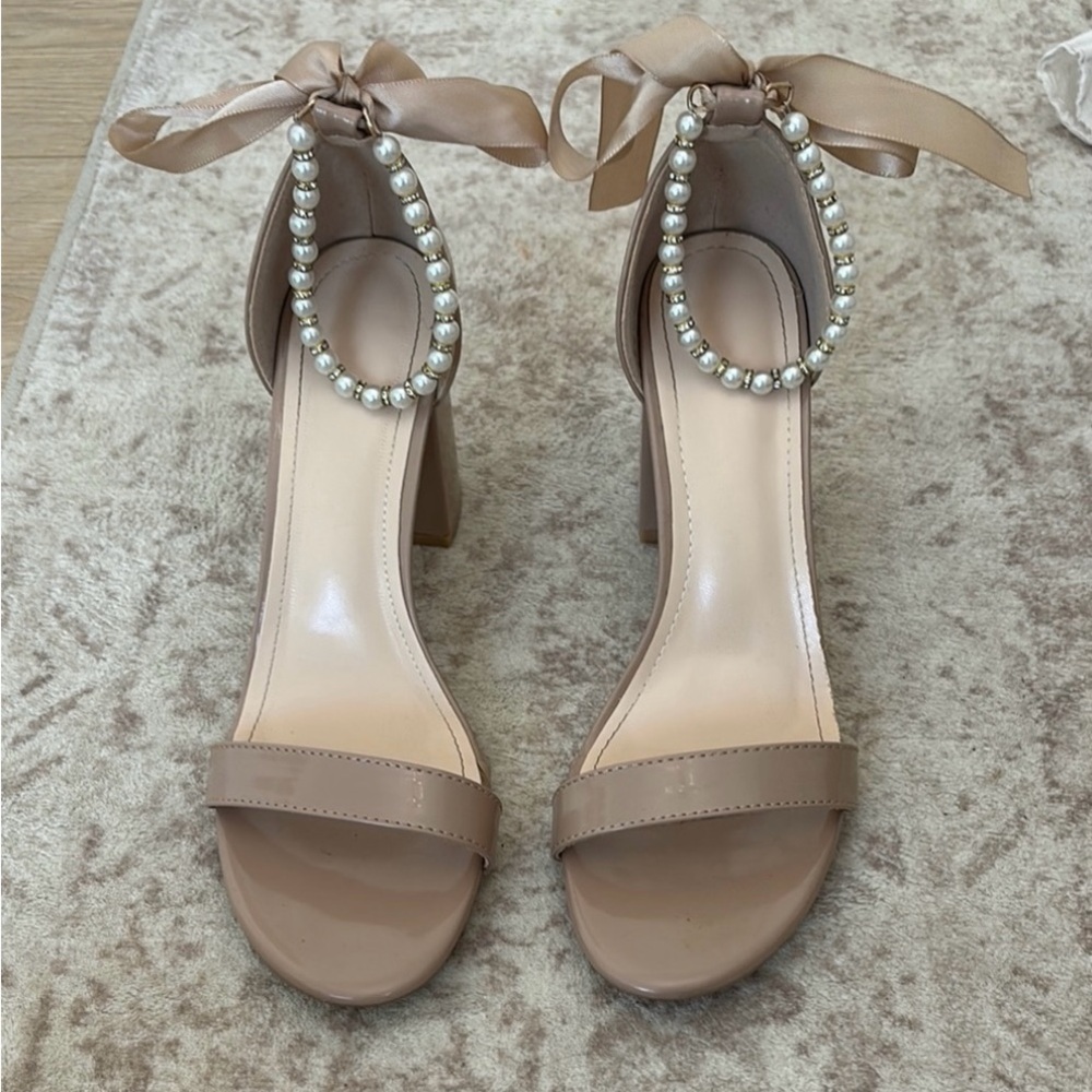 SHEIN: Elegant Tan Pearl-Embellished Women's Heels